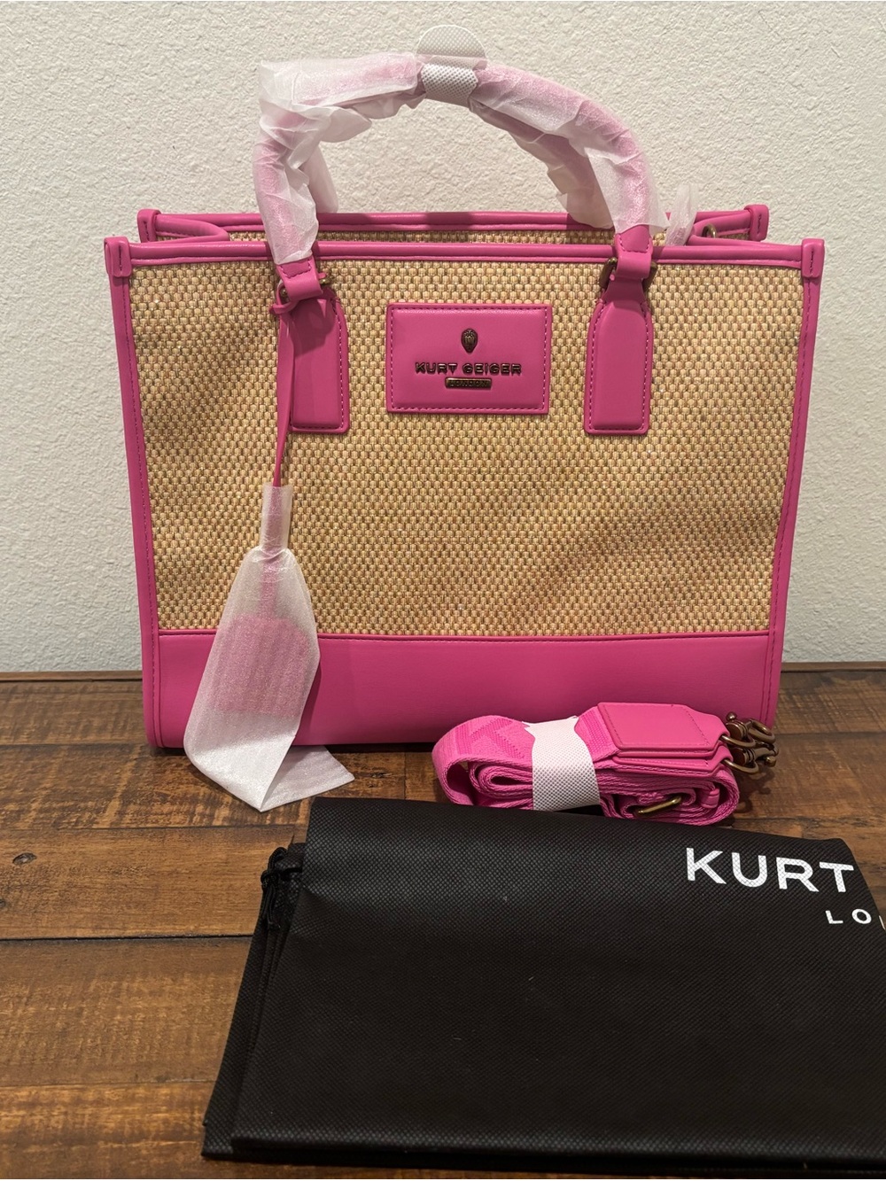 Kurt Geiger Pink Raffia and Leather Tote